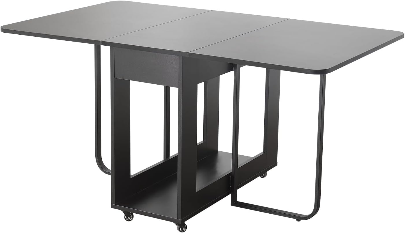 Folding Dining Table 35.4" Extra Wide Space Saving Drop Leaf Table with Lockable Wheels & Storage, Heavy Duty Eco Solid Wood Top 300lbs, Convertible Desk for Apartments/RV/Home Office