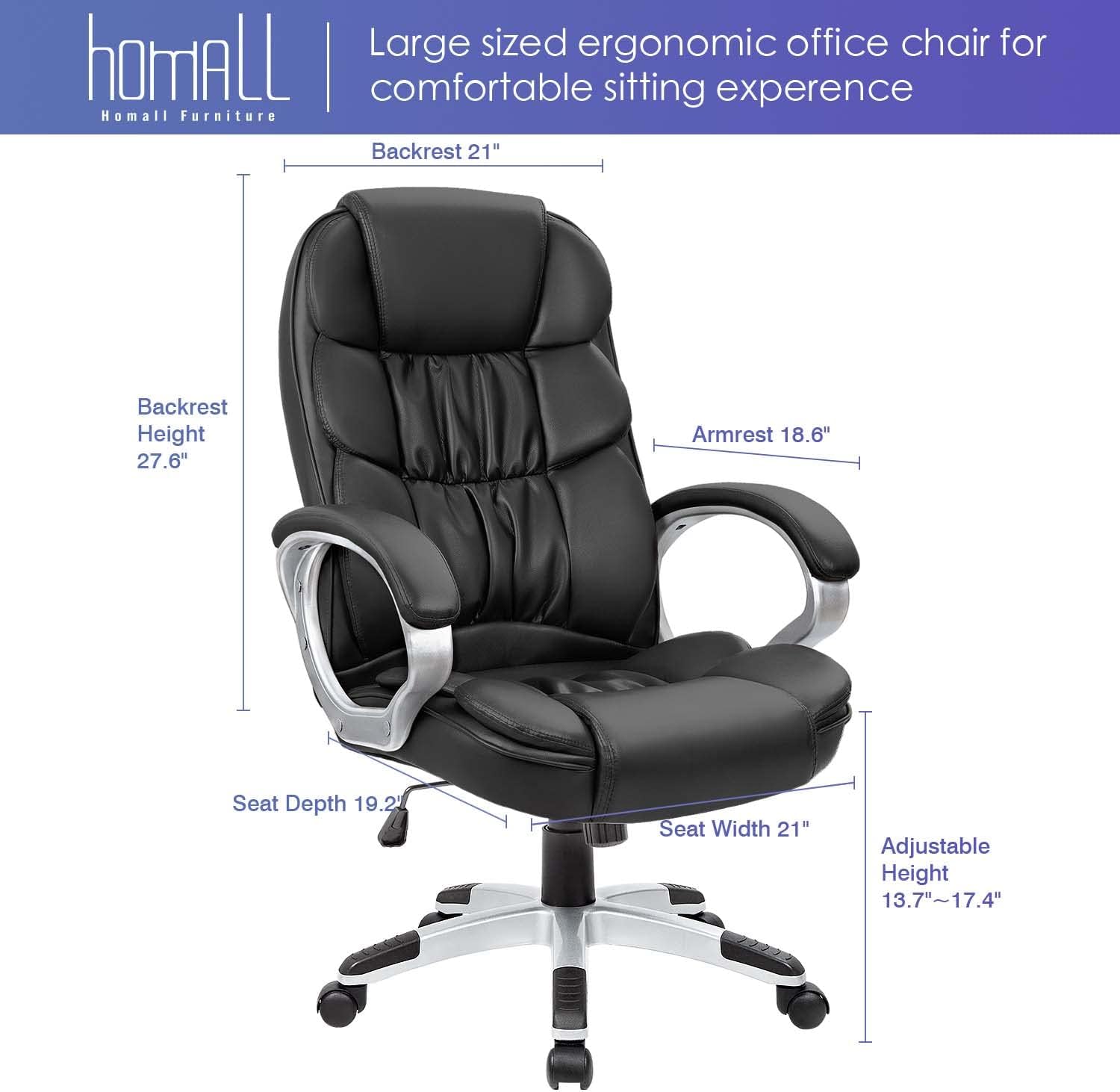 Office Chair High Back Computer Desk Chair, PU Leather Adjustable Height Modern Executive Swivel Task Chair with Padded Armrests and Lumbar Support (Black) - Image 2