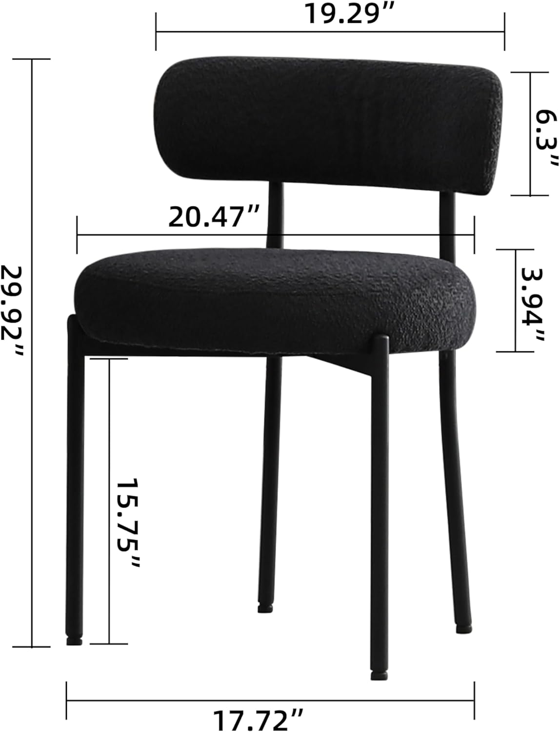 Black Boucle Dining Chairs Set of 2, Mid Century Modern Kitchen Chairs with Curved Backrest and Metal Legs, Upholstered Dining Room Chairs - Image 2