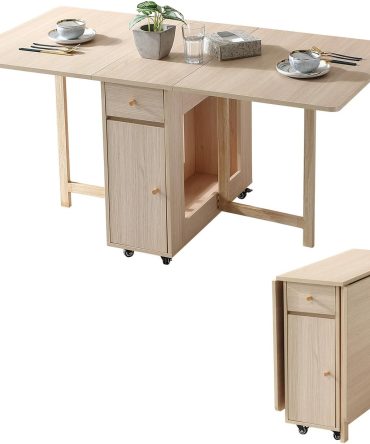 Extendable Drop Leaf Folding Dining Table with 2 Drawers and 4 Wheels for Living Room Kitchen Farmhouse Space Saving Table in Wood Color