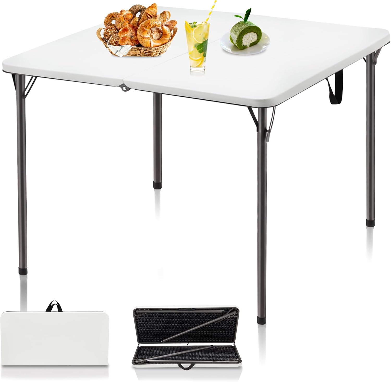 34" Folding Table, Portable Square Folding Card Table with Collapsible Legs & Carrying Handle, Plastic Tables for Camping,Picnic, Office, Party, White