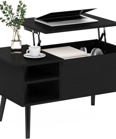 Living Room Wooden Leg Lift Top Coffee Table With Hidden Compartment and Side Open Storage Shelf, Americano