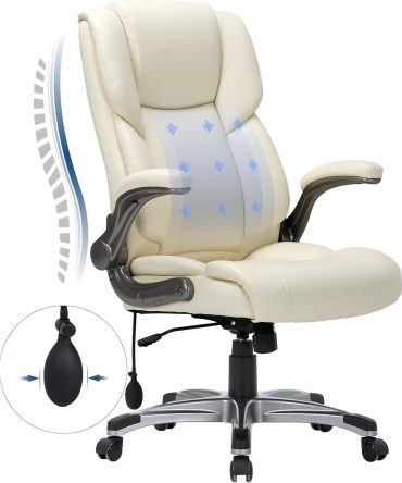 High Back Executive Office Chair- Ergonomic Home Computer Desk Leather Chair with Padded Flip-up Arms, Adjustable Tilt Lock, Swivel Rolling Chair for Adult Working Study-Ivory