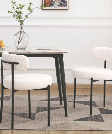 White Dining Chairs Set of 2, Modern Dining Room Chairs Mid Century with 3.94" Cushions and Metal Legs, Round Upholstered Boucle Chairs for Kitchen, Living Room, Easy Assembly