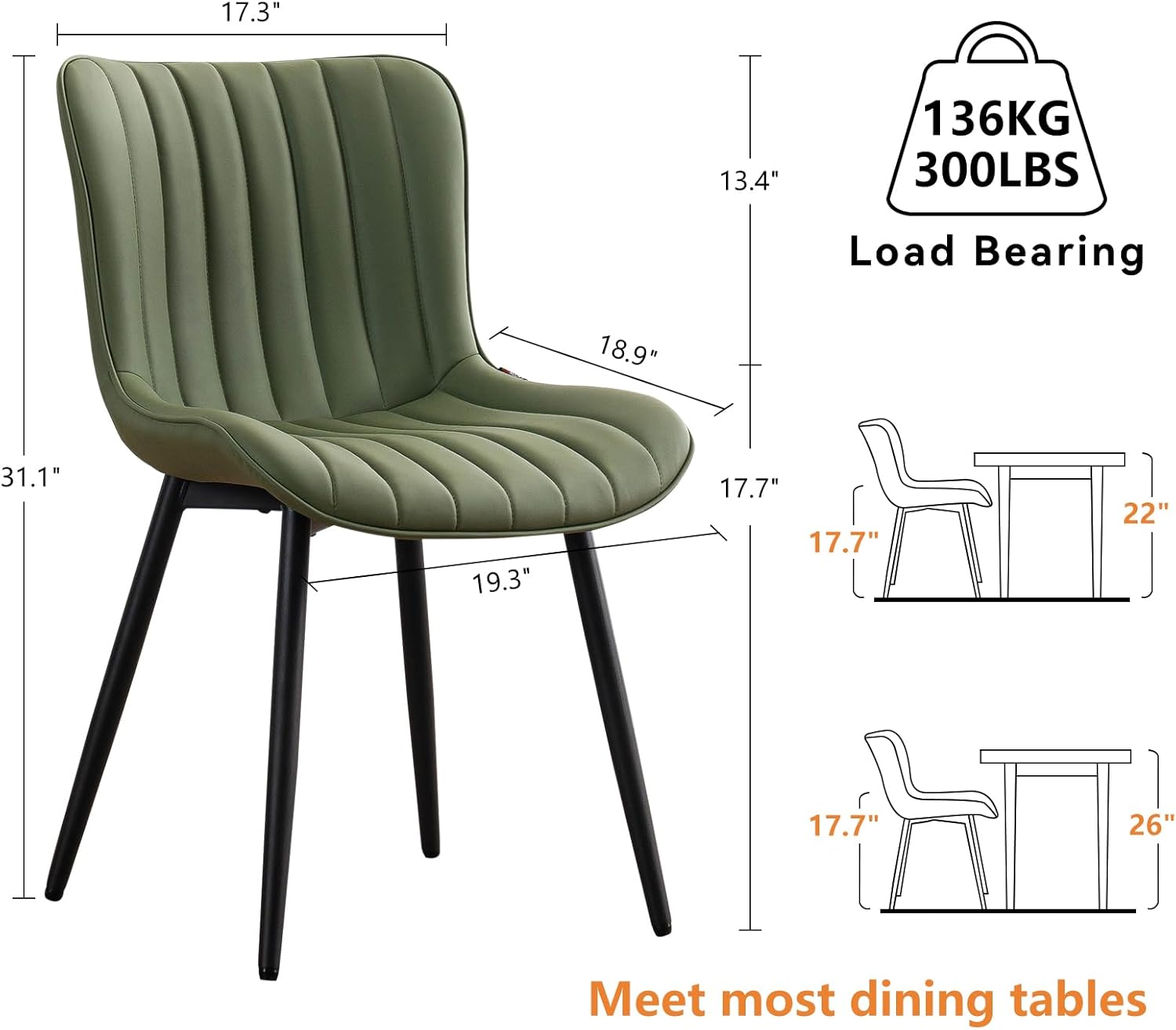Green Dining Chairs Set of 2 Mid-Century Modern Kitchen Dining Room Chairs Armless Faux Leather Upholstered Accent Side Dinner Chair with Padded Back Metal Legs, Olive - Image 2