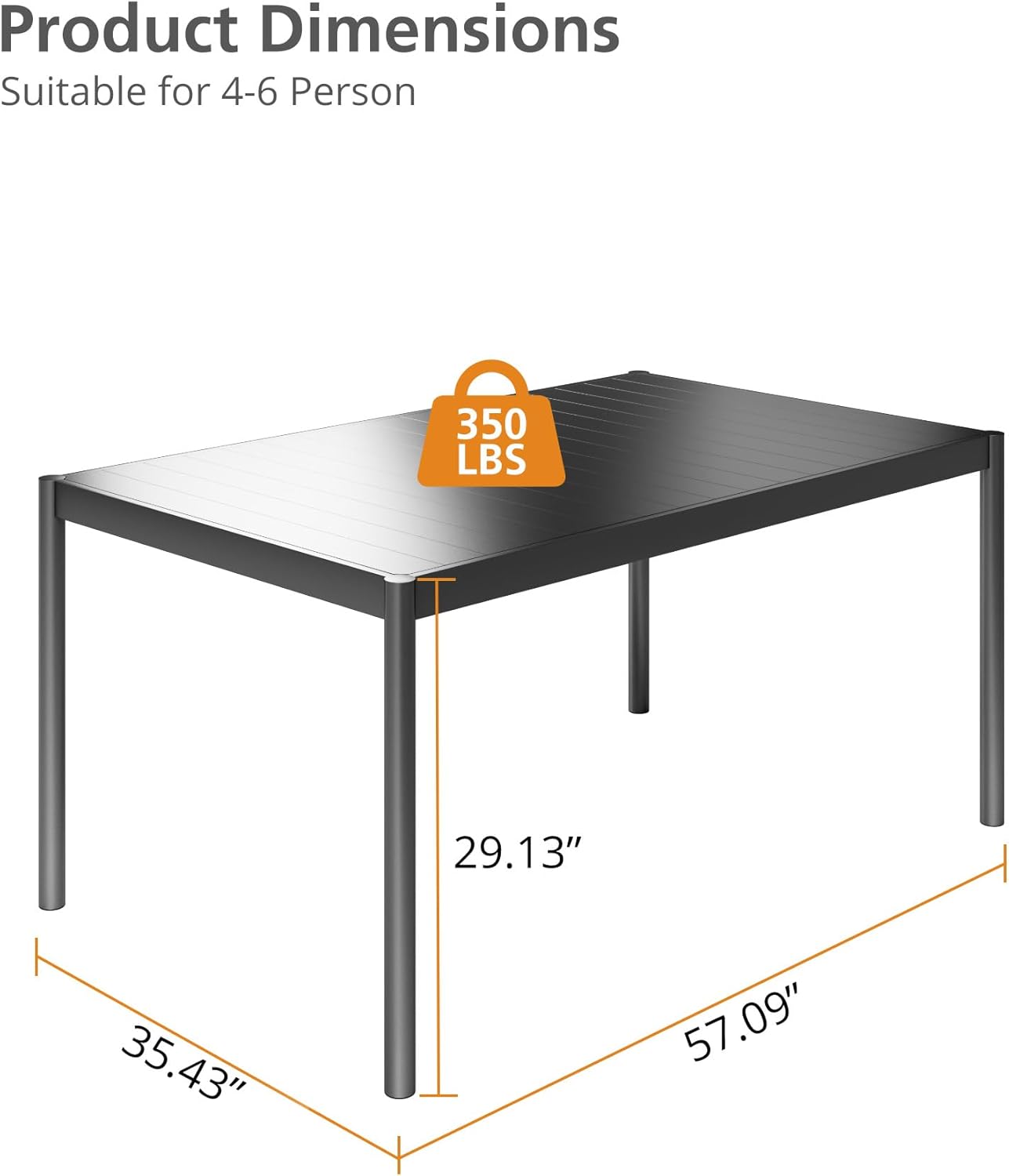 Aluminum Patio Dining Table for 4-6 Person, 58" x 36" Rectangle Outdoor Dining Table with Aluminum Tabletop and Metal Frame for Garden Lawn Deck Backyard, Black - Image 2