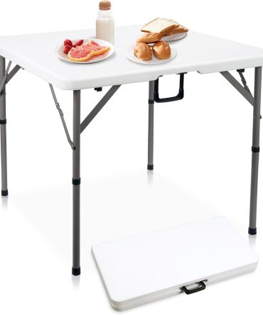 34" Square Folding Card Table, Fold-in-Half Utility Dining Portable Table Heavy Duty  White Plastic Foldable with Carrying Handle Indoor Outdoor for Picnic, Camping, Party