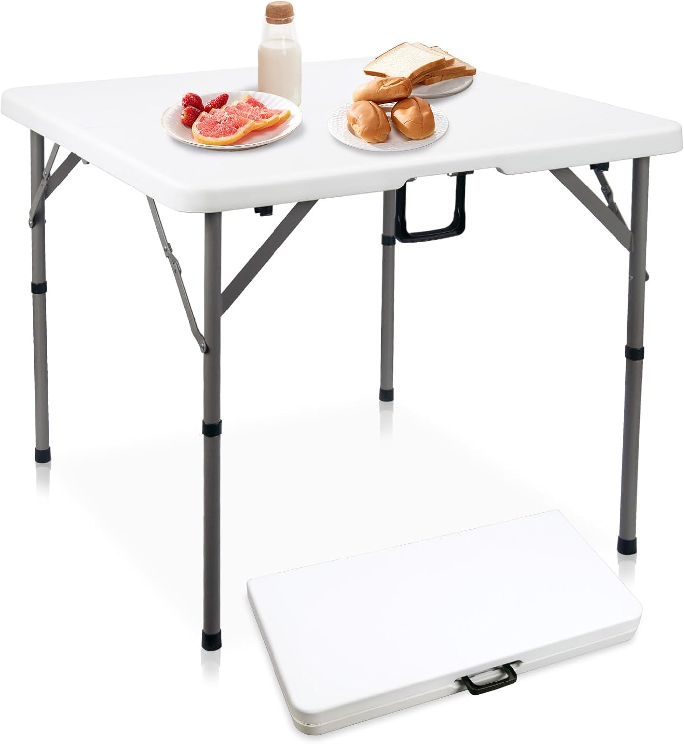 34" Square Folding Card Table, Fold-in-Half Utility Dining Portable Table Heavy Duty White Plastic Foldable with Carrying Handle Indoor Outdoor for Picnic, Camping, Party