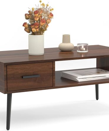 Coffee Table, Mid Century Modern Style Cocktail Table TV Stand with Drawer, Open Storage Shelf, Stable Floor-Anti-Scratching Pine Leg for Home, Office, Living Room - Walnut