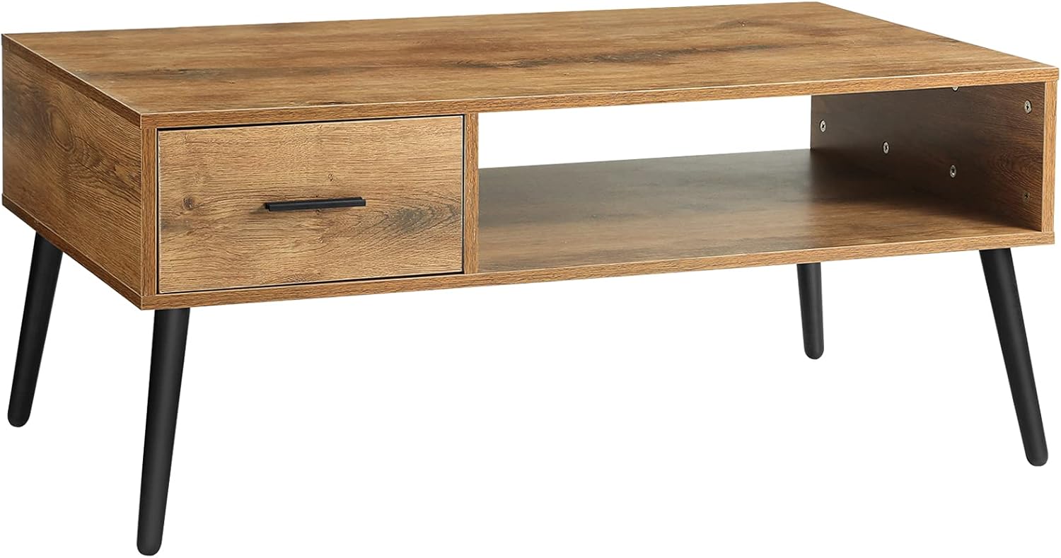 Coffee Table, Mid Century Modern Style Cocktail Table TV Stand with Drawer, Open Storage Shelf, Stable Floor-Anti-Scratching Pine Leg for Home, Office, Living Room