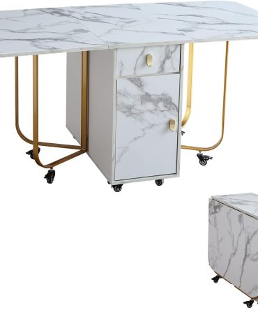 Folding Dining Table with Storage Rack and 2 Drawers, Foldable Kitchen Extendable Versatile Foldable Dining Table with 4 Support Legs (White)