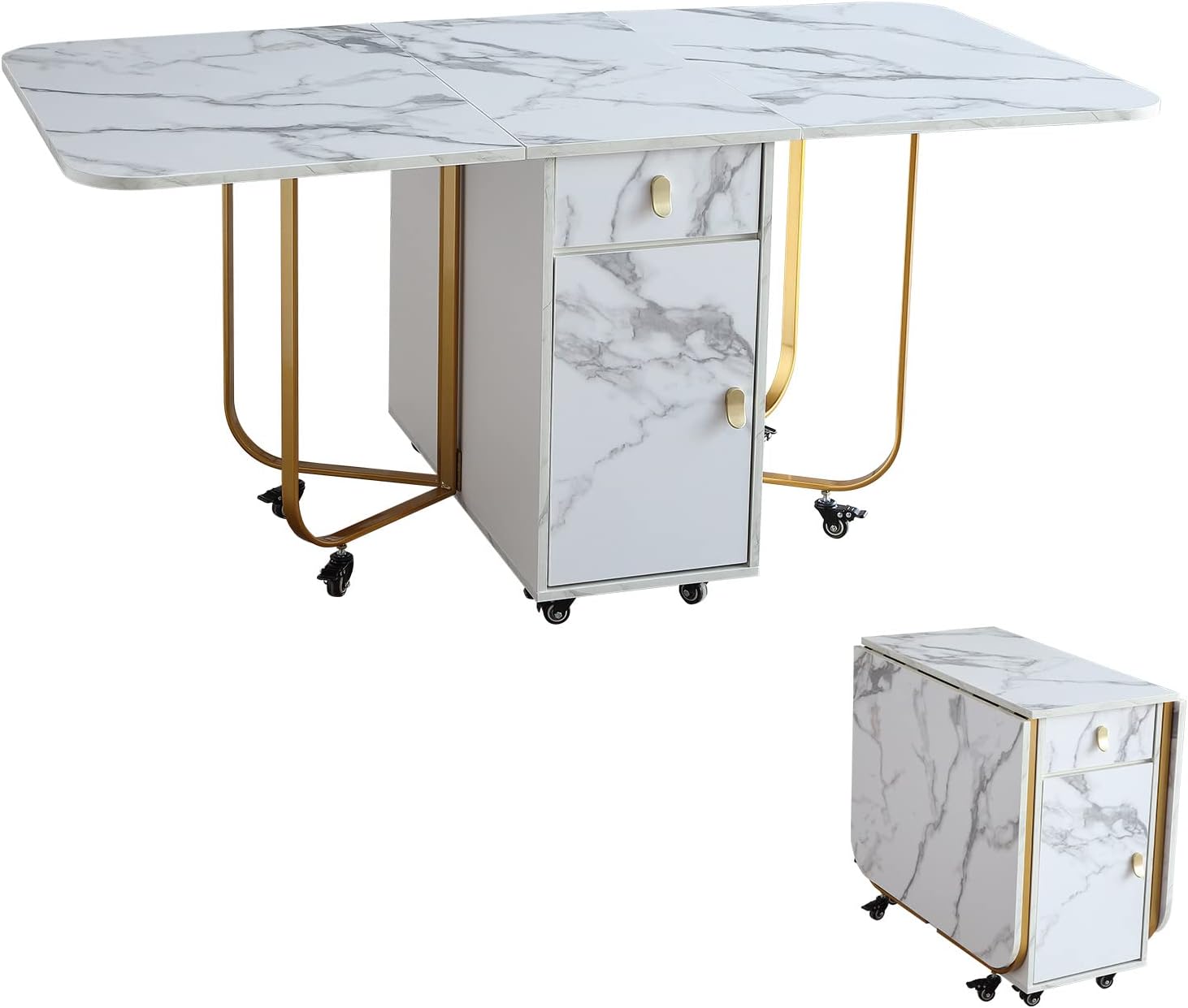 Folding Dining Table with Storage Rack and 2 Drawers, Foldable Kitchen Extendable Versatile Foldable Dining Table with 4 Support Legs (White)