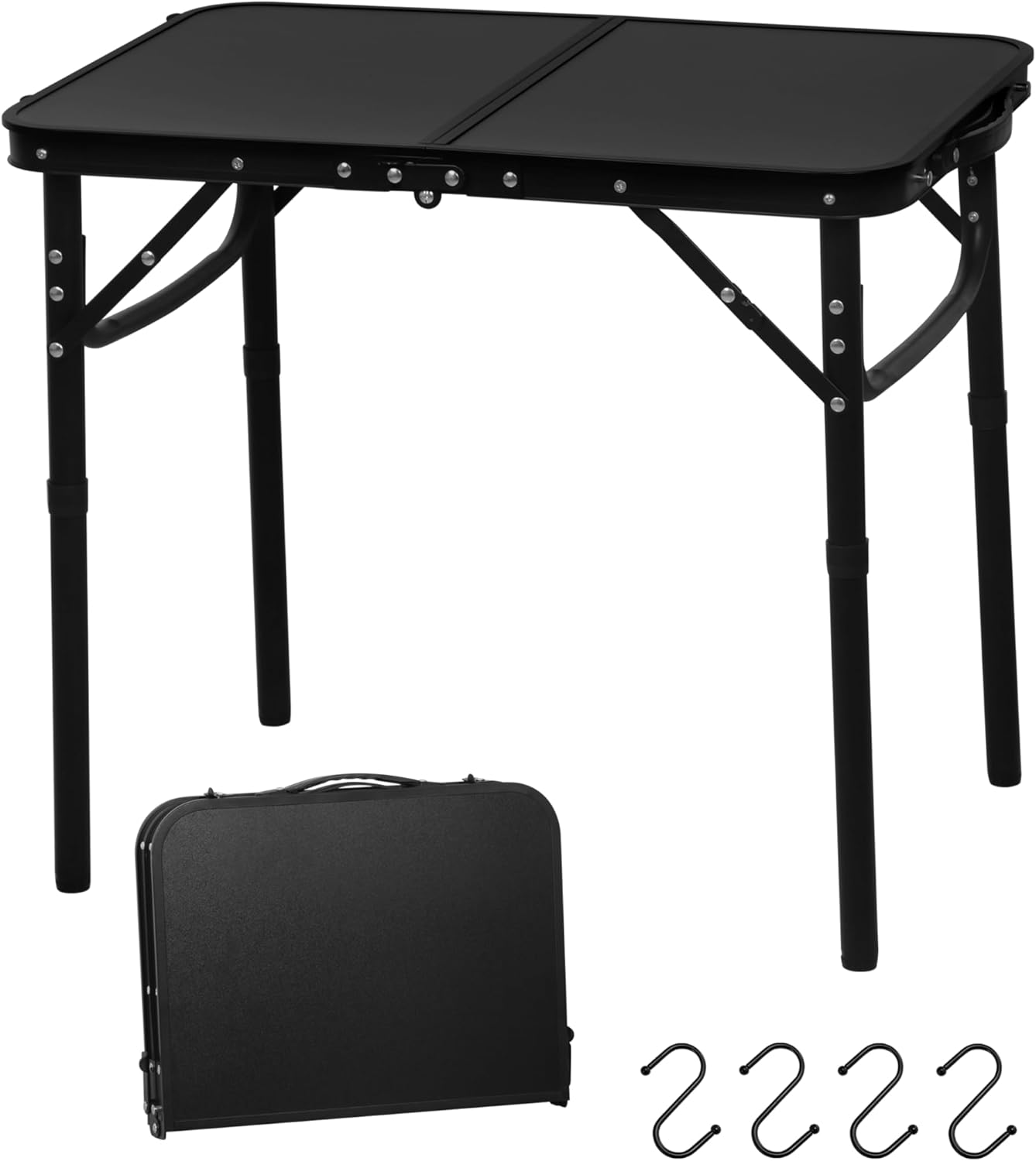 2024 Reinforced Small Folding Table Portable, Small Foldable Camping Table, Heavy-Duty Mini Folding | Adjustable Height | Lightweight Aluminum with Handle | Black 25.2"x16.3"x22.2"
