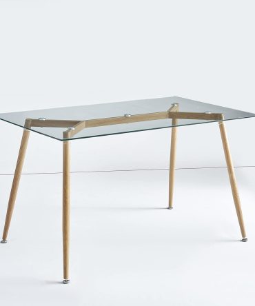 Mid Century Glass Dining Table, Office Desk, 8mm, Wooden Skin