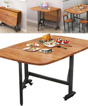 Multifunction Table Drop Leaf Dining Table - 47" Wooden Foldable Kitchen Table with 6 Wheels (Brown)