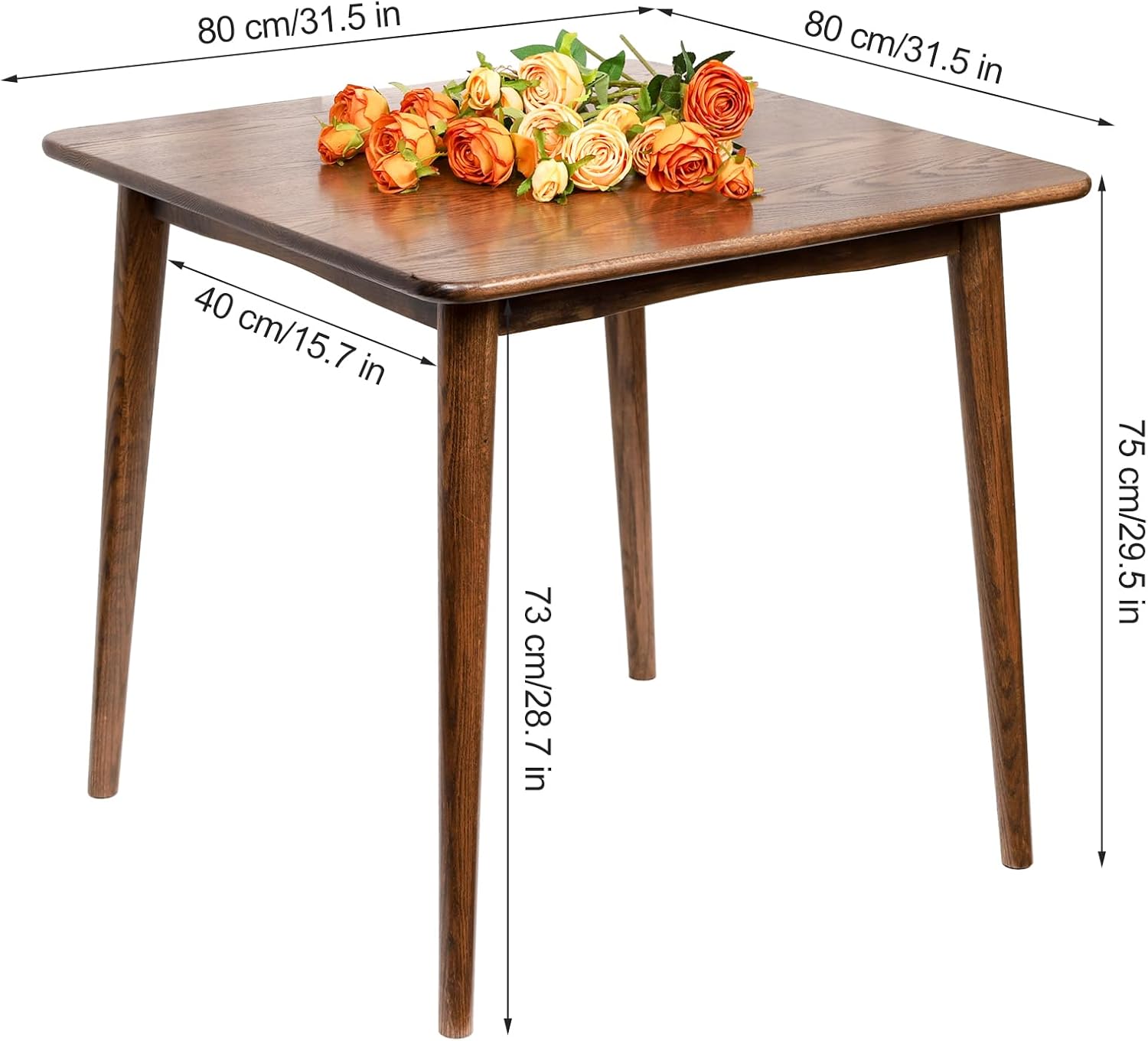 Square Dining Table, Solid Wood MidCentury Modern Kitchen Table for Island, Small Oak Tables for 2, 31.5" L x 31.5" W x 29.5" H, Walnut - Image 2