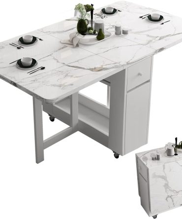 Folding Dining Table with Rack and 2 Storage Drawers, Movable Extendable Space Saving Kitchen Table in 3 Forms (White)