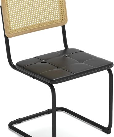 400lbs - Heavy Duty Rattan Dining Chair, Armrest Leather Cushions and Metal Frames, High-end and Durable with Rattan Weaving, Suitable for Home and Restaurant, Black