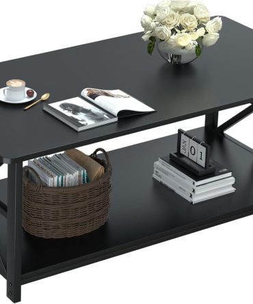 Coffee Table with Round Corner, Farmhouse Center Table with 2-Tier Storage Shelf X-Frame Design for Living Room, 39 inch Black