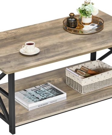 Coffee Table for Living Room with Round Corners Farmhouse Style Center Table with Storage Shelf 39 Inch Space Saving Easy Assembly Gray Wash