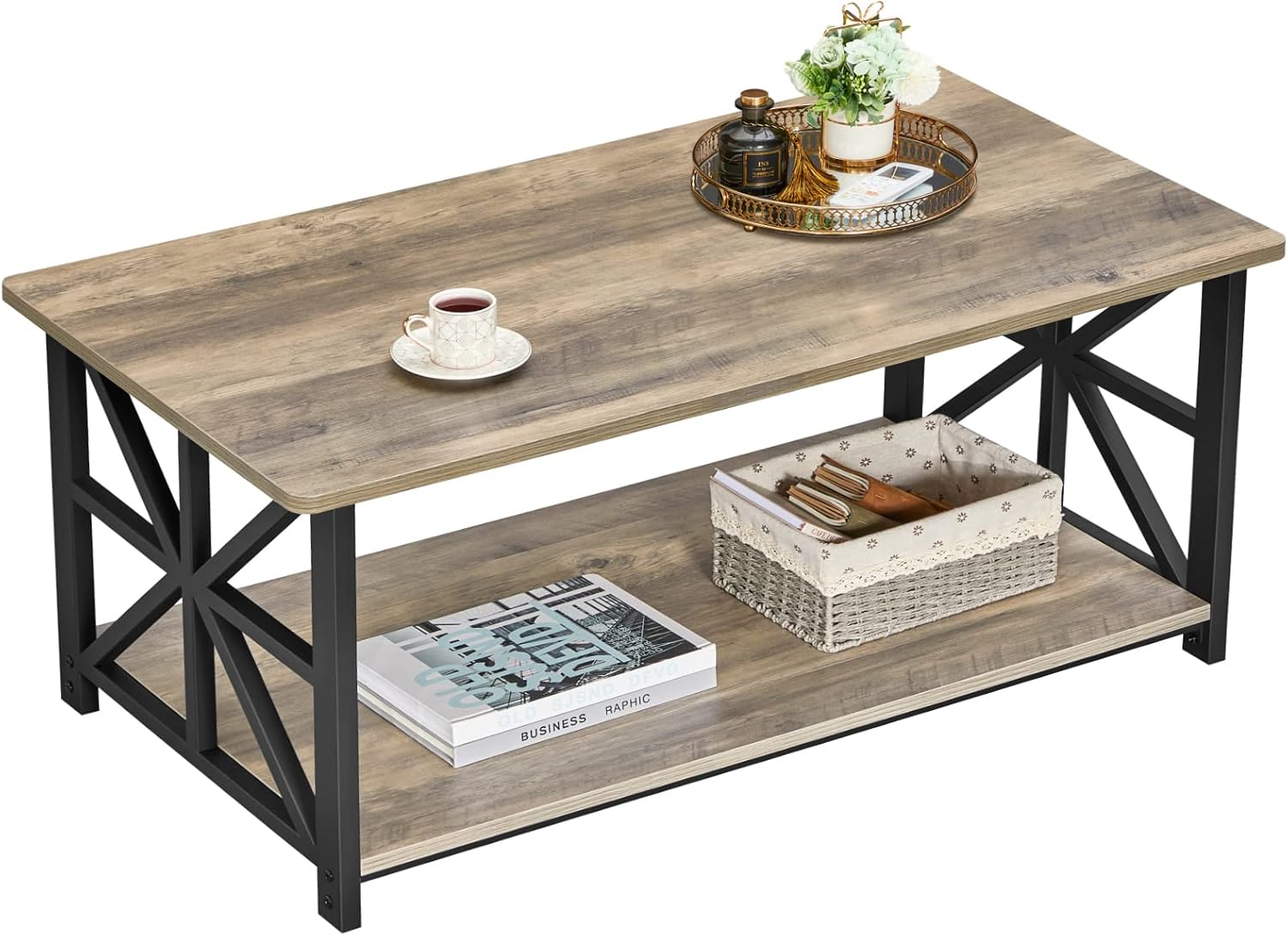 Coffee Table for Living Room with Round Corners Farmhouse Style Center Table with Storage Shelf 39 Inch Space Saving Easy Assembly Gray Wash
