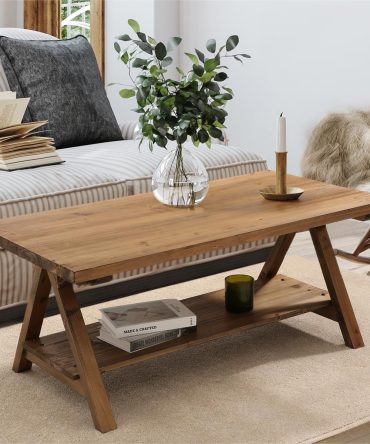 Solid Wood Coffee Table - 42.5” Firwood Farmhouse Rustic Wooden Coffee Tables for Living Room, Solid Firwood Rectangle Coffee Table, Center Table for Living Room, Brown