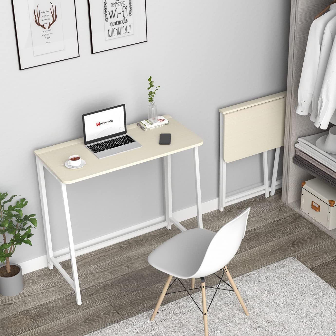 Folding Desk, Small Foldable Desk 31.5" for Small Spaces, Space Saving Computer Table Writing Workstation for Home Office, Easy Assembly, Oak - Image 2