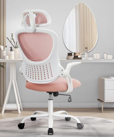 Home Office Desk Chair, Ergonomic Computer Managerial Executive Chairs High-Back Work Swivel Task Chairs with Wheels, Lumbar Support, Comfy Flip-up Armrest for Gaming, Study, Student, Pink