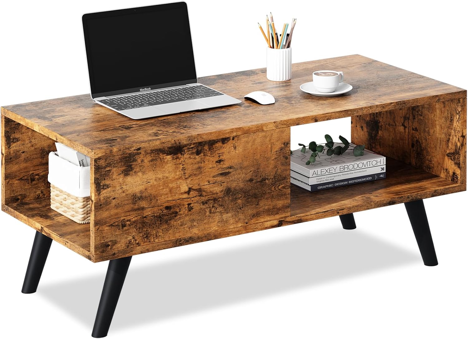 Coffee Tables for Living Room,Middle Table Mid-Century Coffee Table, Wooden Accent Table with Large Open Storage Shelf, Wood Grain Finish,39.4 * 19.7 * 18.5 in,Brown