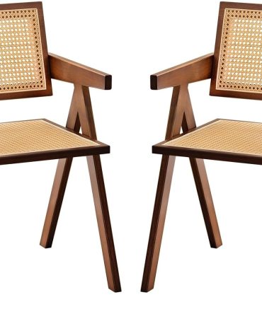 Rattan Accent Chairs, Modern Mid Century Dining Chairs Set of 2, Comfy Armchairs, Outdoor Rattan Chairs with Armrest for Bedroom Living Room Reading Room Dining Kitchen, Brown