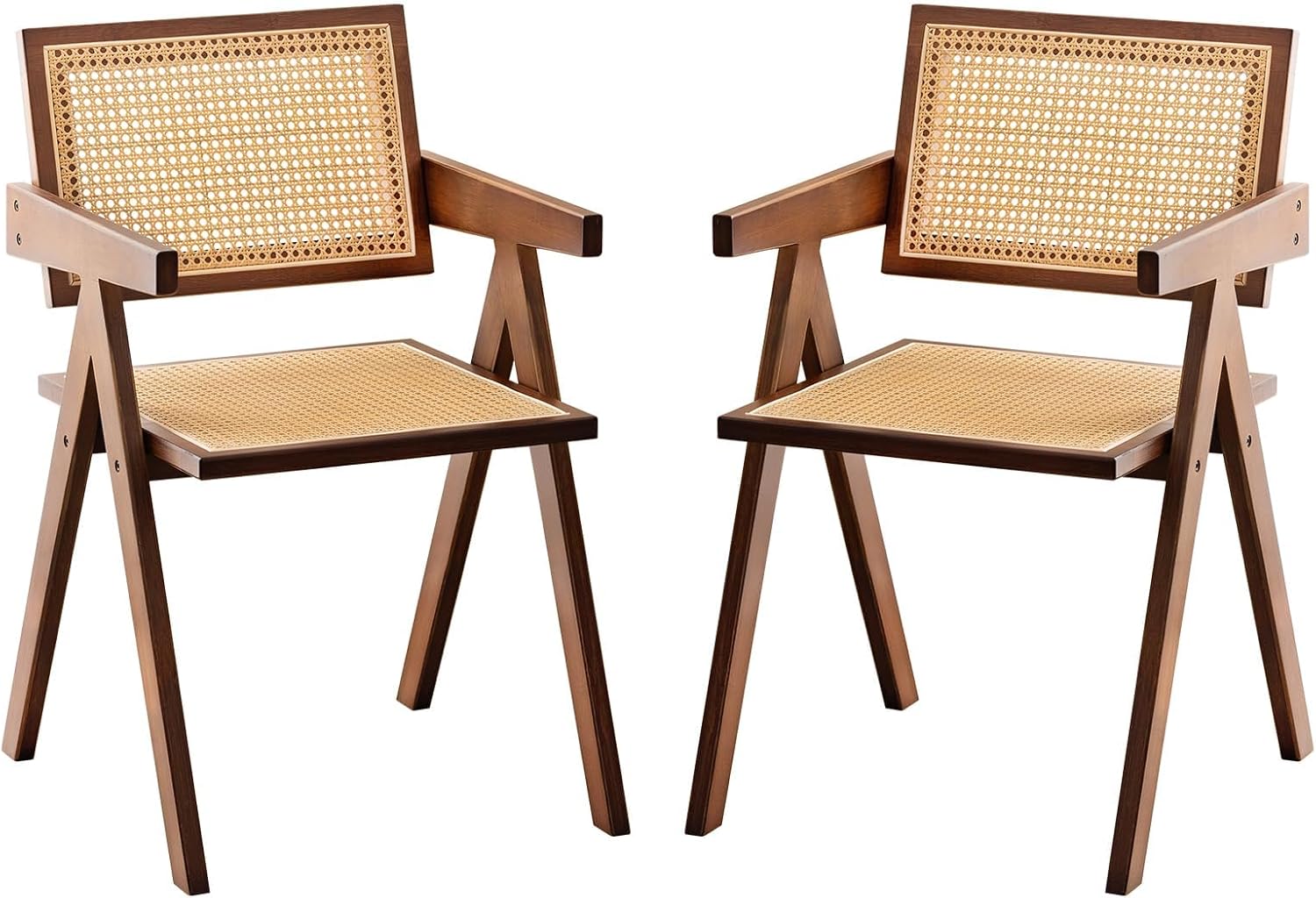 Rattan Accent Chairs, Modern Mid Century Dining Chairs Set of 2, Comfy Armchairs, Outdoor Rattan Chairs with Armrest for Bedroom Living Room Reading Room Dining Kitchen, Brown