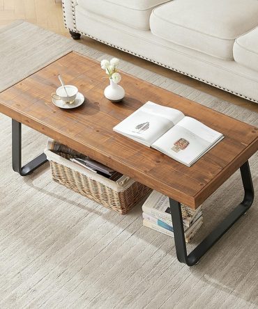 Rustic Brown 39" Coffee Table, Industrial Metal Base, Solid Wood Tabletop, 2.36" Thick, 300 LBS Load Capacity