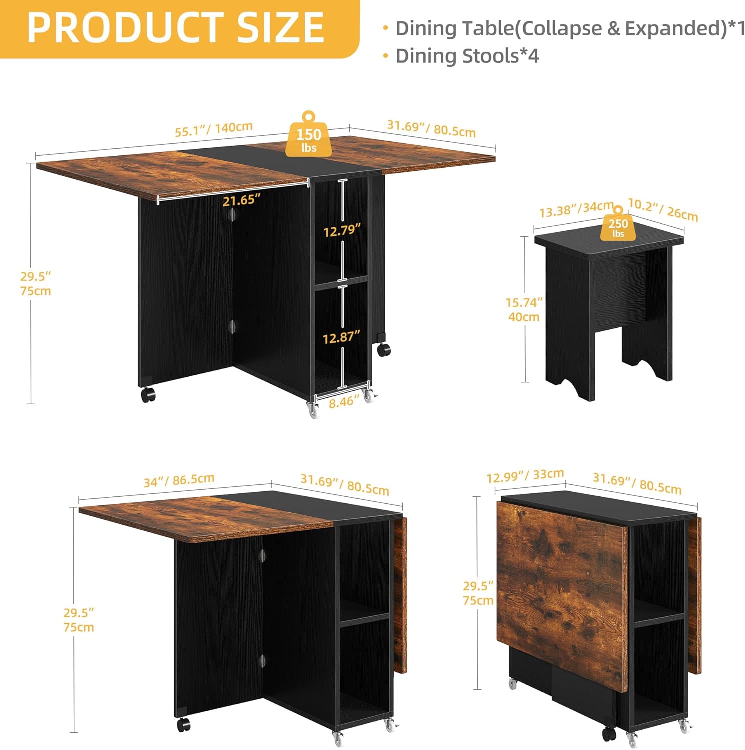 5 Pieces Folding Extendable Dining Table Set with 4 Chairs for 4 Peoples 55 Inches Drop Leaf Wood Kitchen Dining Room Table Set with Storage and 6 Wheels for Small Space Saving Rustic Brown - Image 2