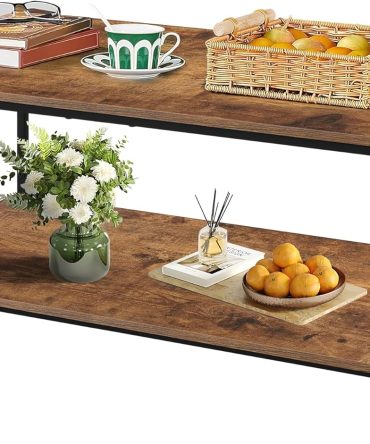 2-Tier Coffee Table with Storage Shelf for Living Spaces, Brown Rectangle Wood and Sturdy Metal Side End Table, Functional Center Table for Living Room, 39.3 x 20 x 24.4