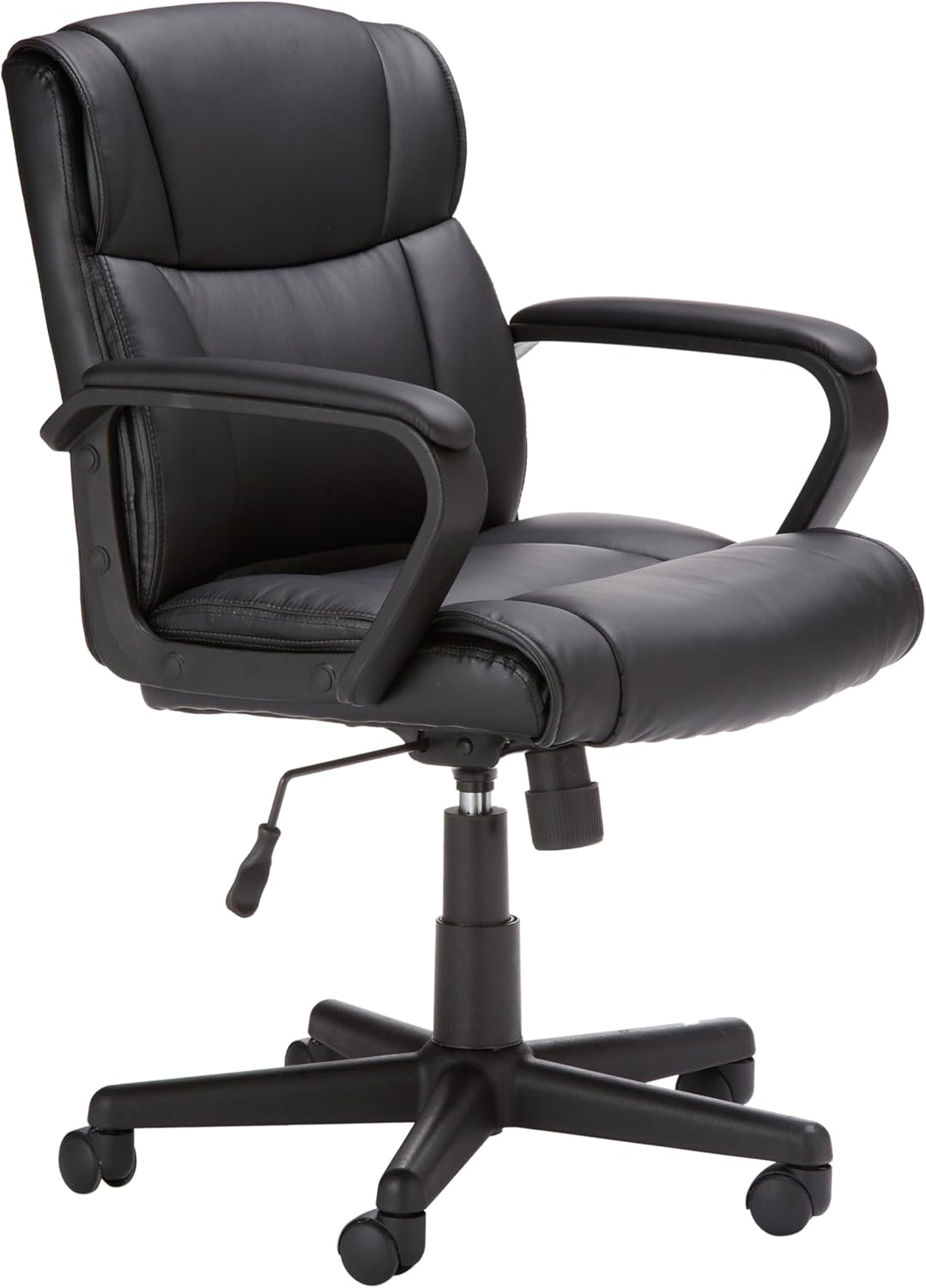Office Computer Task Desk Chair with Padded Armrests, Mid-Back, Adjustable, 360 Swivel, Rolling, 275 Pound Capacity, Certified, 24.2"D x 24"W x 34.8"H, Black Faux Leather