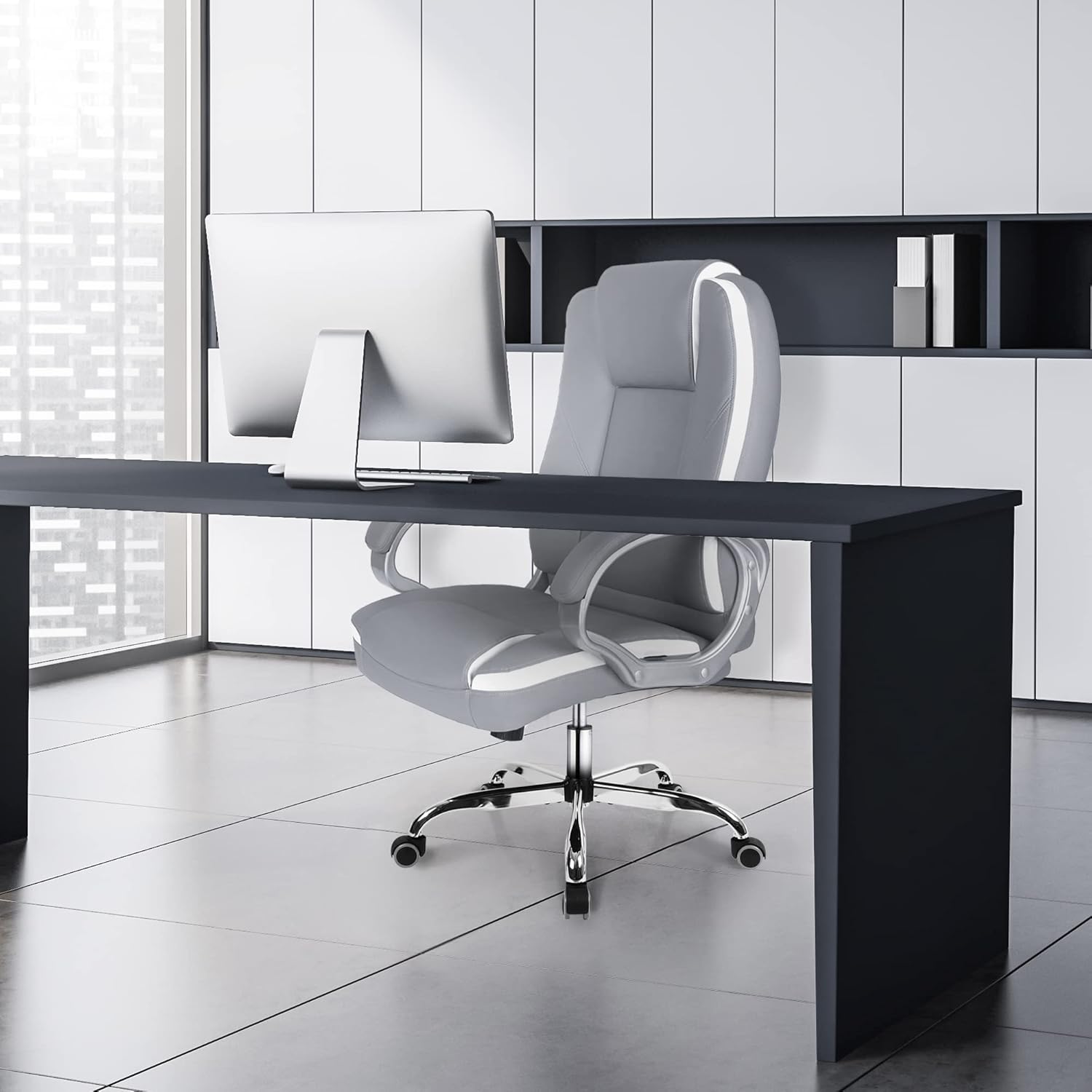 Office Chair Computer Desk Chair Gaming - Ergonomic High Back Cushion Lumbar Support with Wheels Comfortable Grey Leather Racing Seat Adjustable Swivel Rolling Home Executive - Image 2