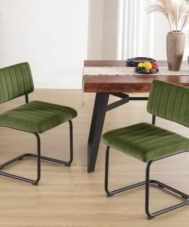 Mid Century Modern Dining Chairs Set of 2, Green Velvet Kitchen Chairs with Tufted Backs, Upholstered Wide Seat, Armless Cantilevered Chairs with Metal Legs for Kitchen Living Room