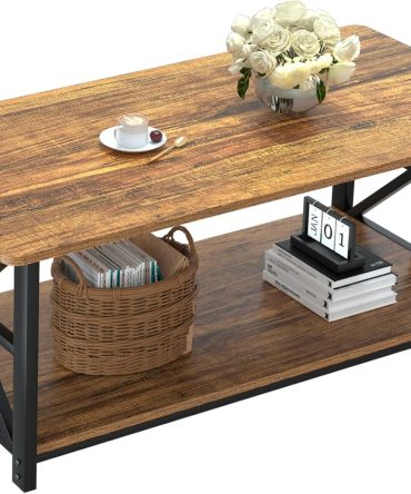 Coffee Table with Round Corner, Farmhouse Center Table with 2-Tier Storage Shelf X-Frame Design for Living Room, 39 inch Walnut