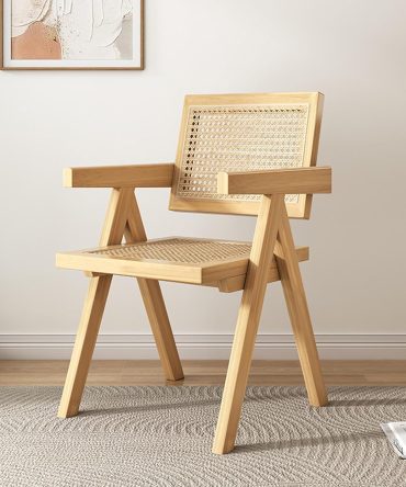 Rattan Dining Chair, Wood Kitchen Cane Comfy Arm with Woven Backrest and Seat, for Living Room Bedroom Kitchen Reataurant Dining Chairs (Original Wood Color)