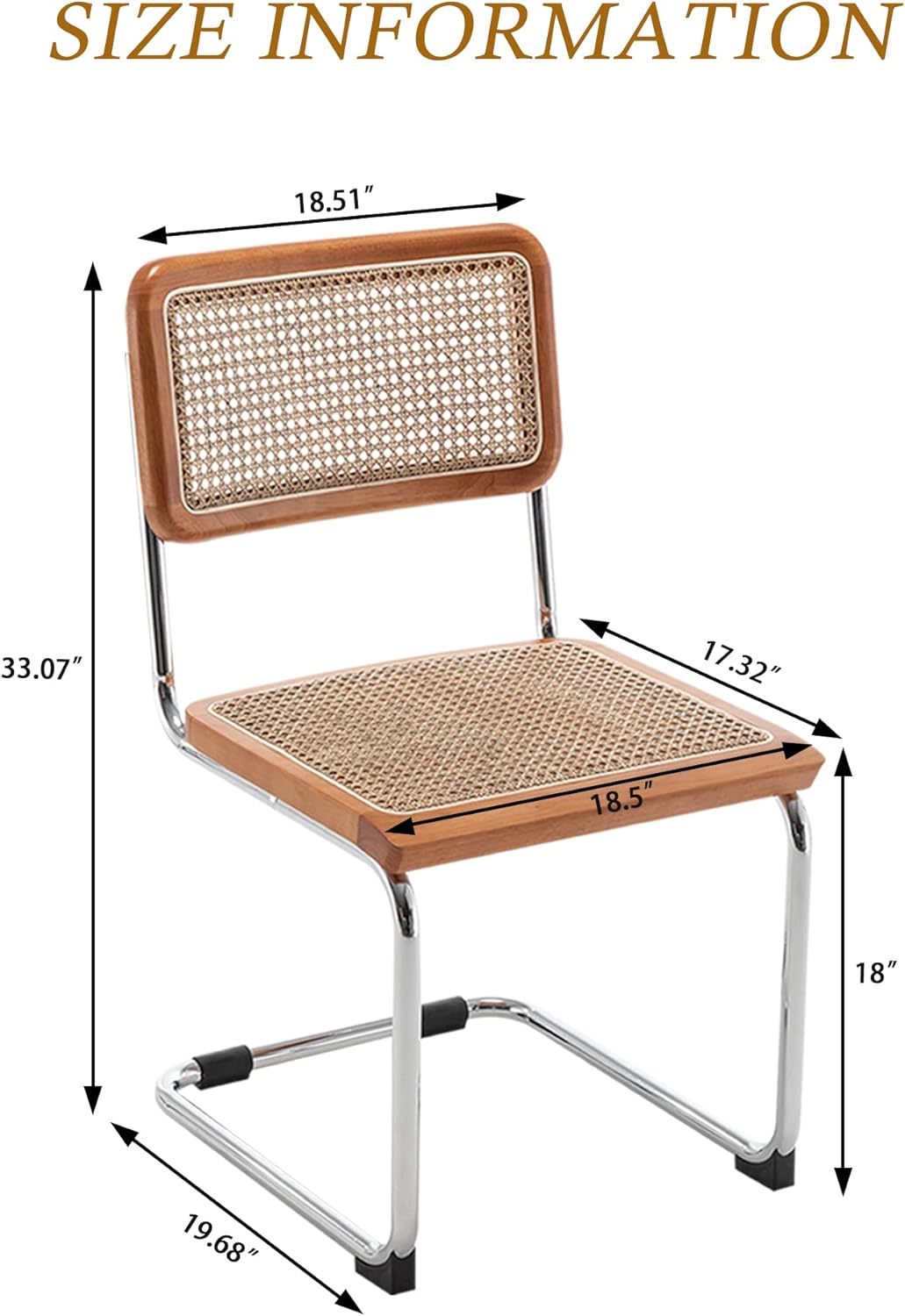Modern Mid Century Dining Chairs Set of 2, Upholstered Natural Rattan Kitchen Chairs Accent Chair, Armless Side Chairs with Metal Chrome Legs for Bedroom Living Room-Brown - Image 2