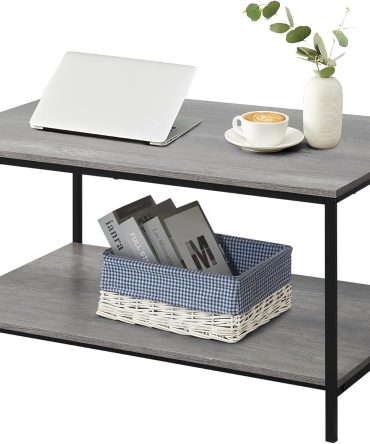 2-Tier Coffee Table with Storage Shelf for Small Living Spaces, Grey Oak Rectangle Wood and Sturdy Metal Side End Table, Stable Metal TV Stand, Functional Center Table for Living Room