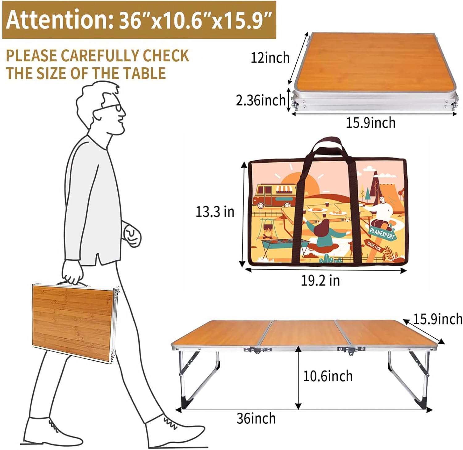 Folding Camping Table,3 Feet Portable Outdoor Table with Aluminum Legs,3 Fold Lightweight Beach Table with Handle,Camping Accessories for Home Picnic BBQ Garden Cooking - Image 2