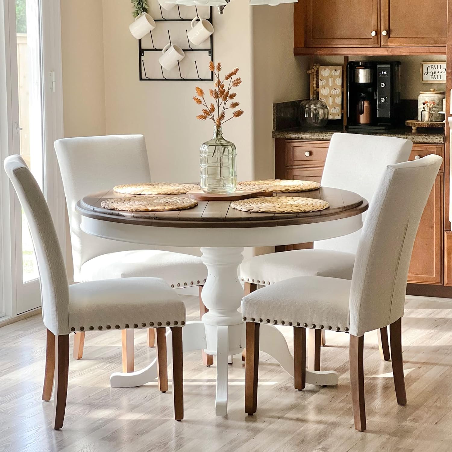 Upholstered Dining Chairs Set of 4, Fabric Dining Room Kitchen Side Chair with Nailhead Trim and Wood Legs Beige