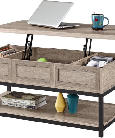 Lift Top Coffee Table with Hidden Compartments & Open Shelf, Tabletop Metal Frame Cocktail Table, Rising Center/Acent Table for Living Room Reception, 18-23inch H, Gray