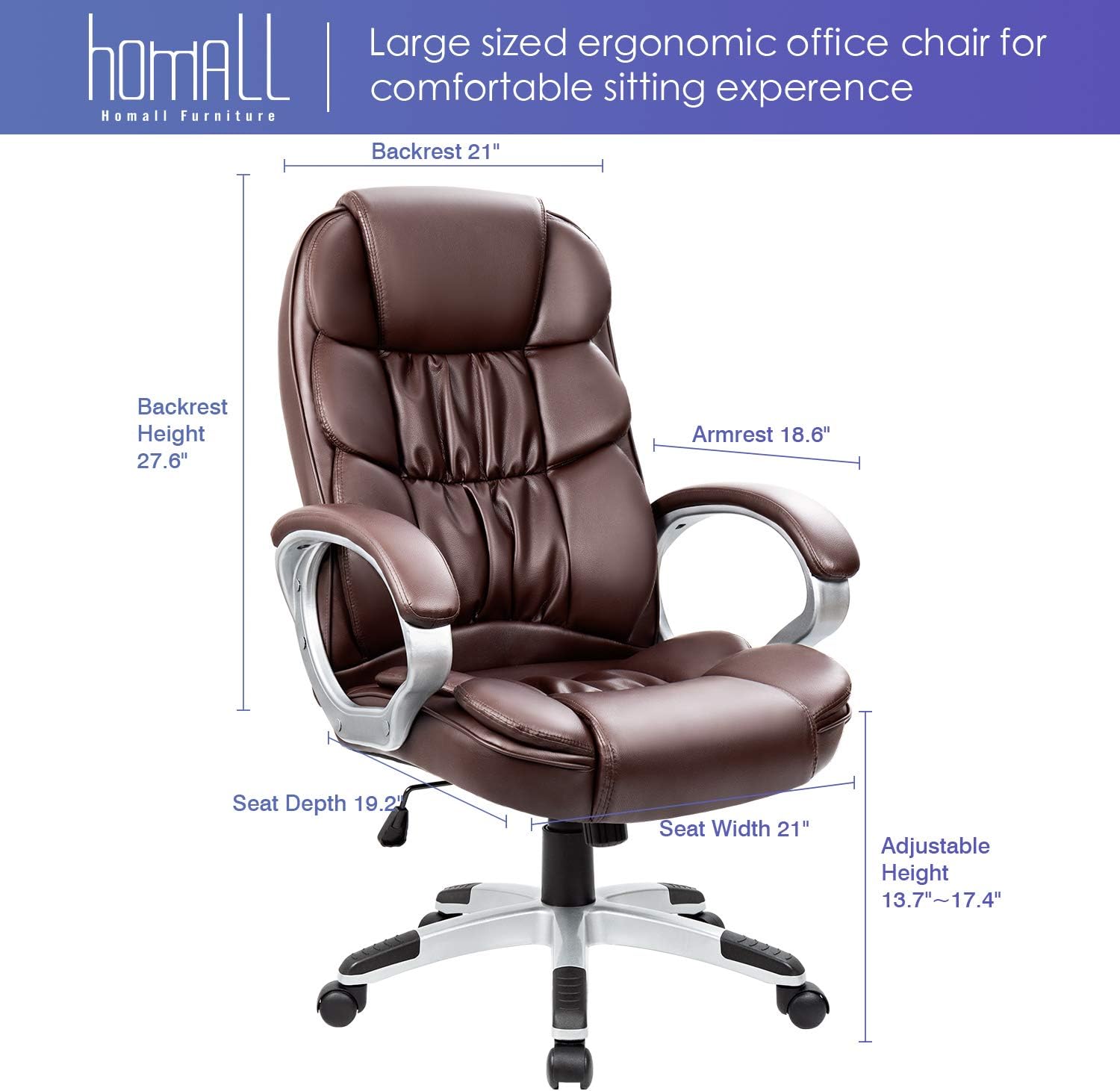 Office Chair High Back Computer Chair Ergonomic Desk Chair, PU Leather Adjustable Height Modern Executive Swivel Task Chair with Padded Armrests and Lumbar Support (Brown) - Image 2