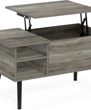 Living Room Wooden Leg Lift Top Coffee Table With Hidden Compartment and Side Open Storage Shelf, French Oak Grey