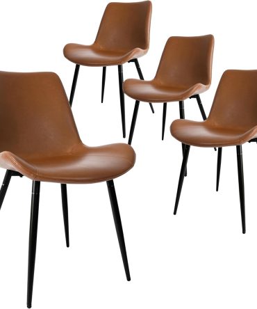 Dining Chairs Set of 4, Faux Leather Dining Room Chairs with Comfy Upholstered Seat, Modern Kicthen Chairs Armless Accent Chairs with Black Legs for Restaurant, Living Room, Brown