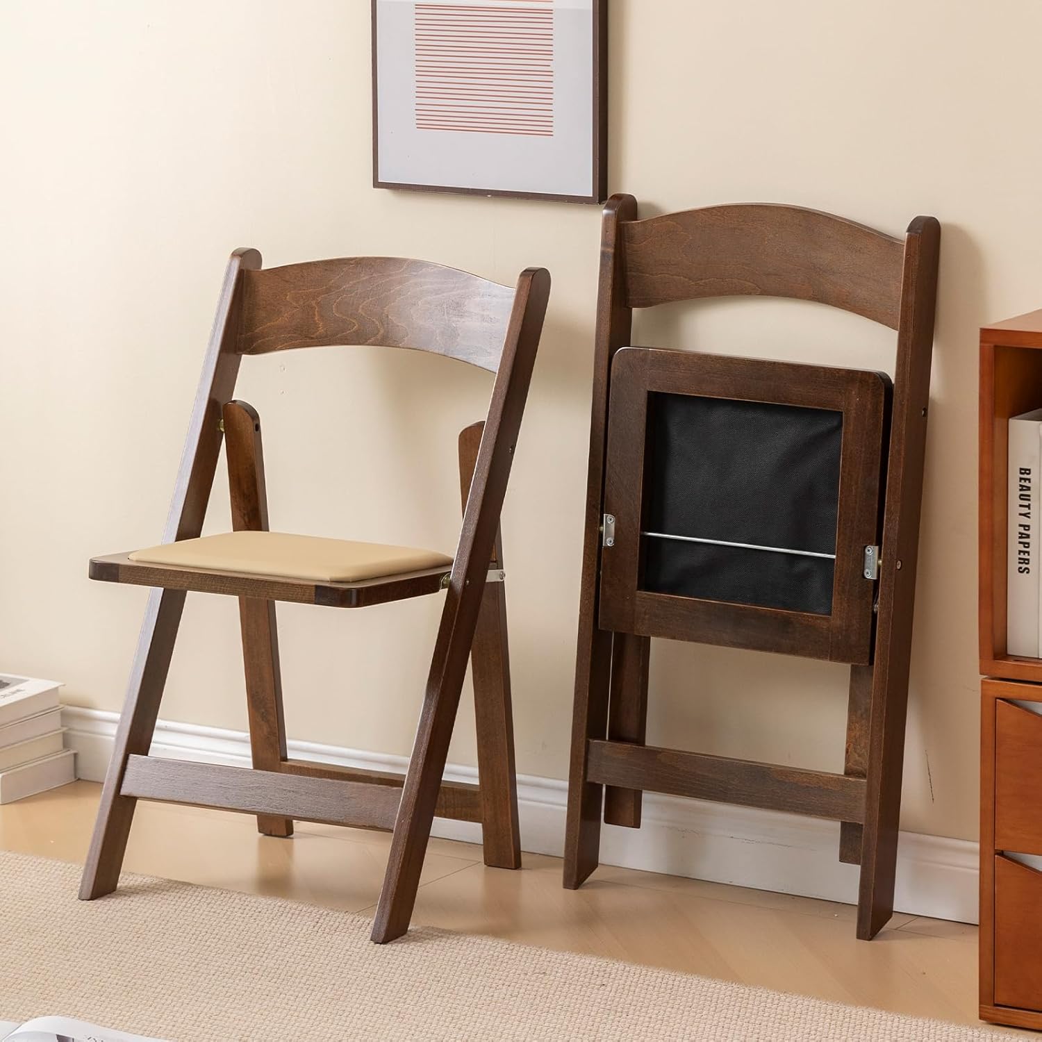 Wooden Folding Chair with Soft Cushion, Simple and Stylish, Comfortable and Durable, Suitable for Weddings, banquets and Events,Classic-Fruitwood, Set of 2