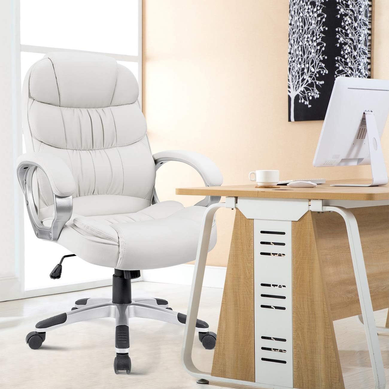 Office Chair High Back Computer Desk Chair, PU Leather Adjustable Height Modern Executive Swivel Task with Padded Armrests and Lumbar Support (White) - Image 2