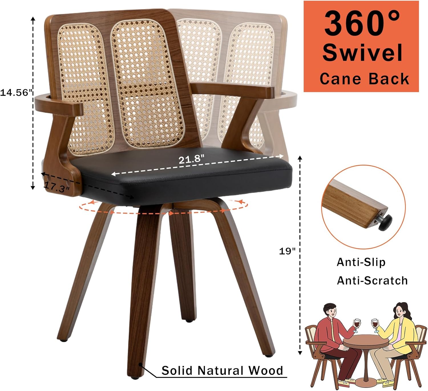 Set of 1 Swivel Dining Chair - Bentwood Chairs with Cane Back, Walnut Bentwood Frame, Cushion Arms,Walnut Dining Chair for Kitchen/Restaurant/Living Room (Walnut Black) - Image 2